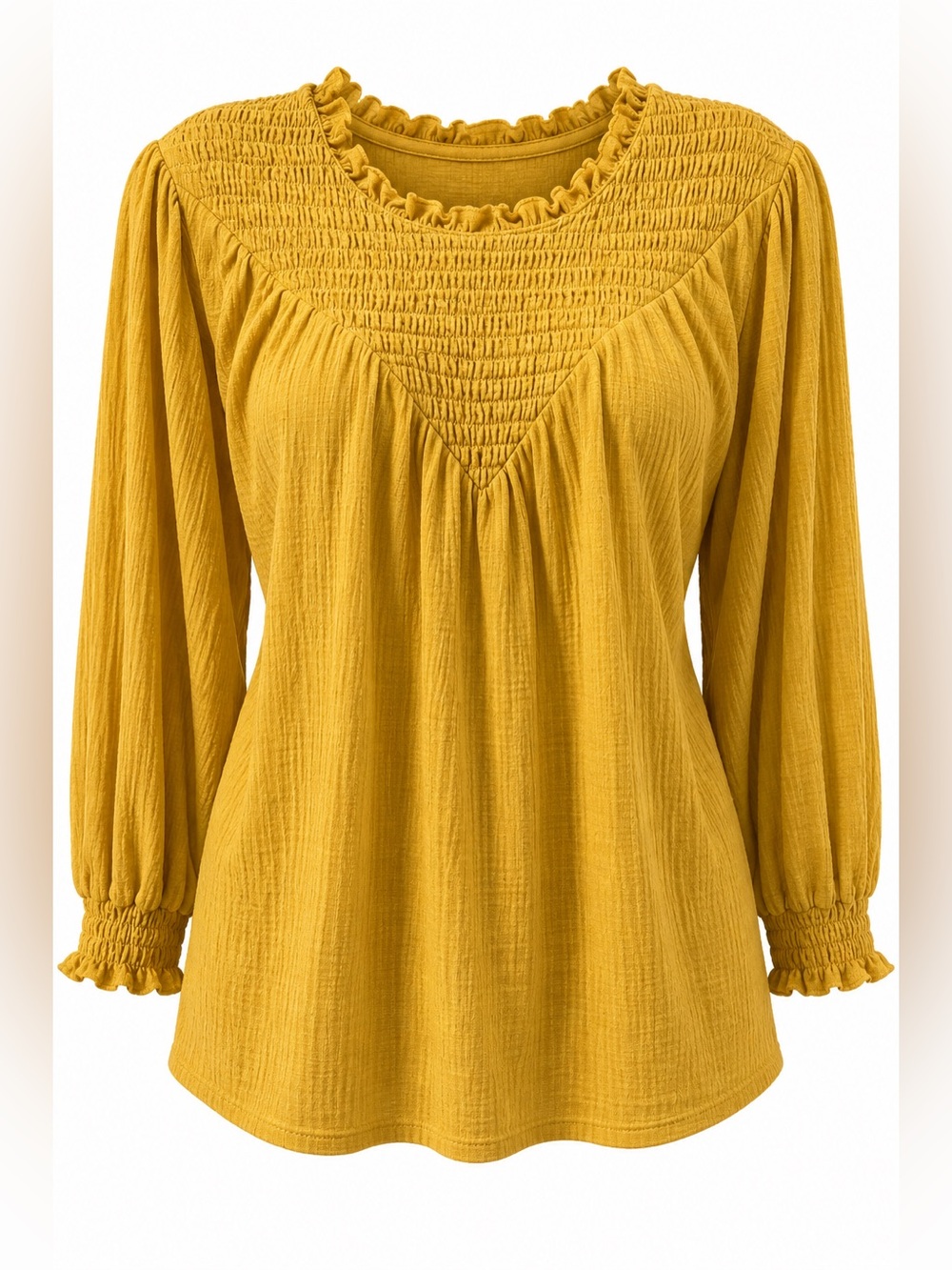 Cable & Gauge Mustard Yellow Smocked Ruffle Long Sleeve Blouse XL